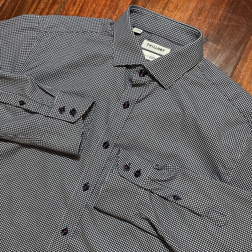 Twillory Mens Dress Shirt  17 34/35 Blue White Tailored Fit Non-Iron Safe Cotton